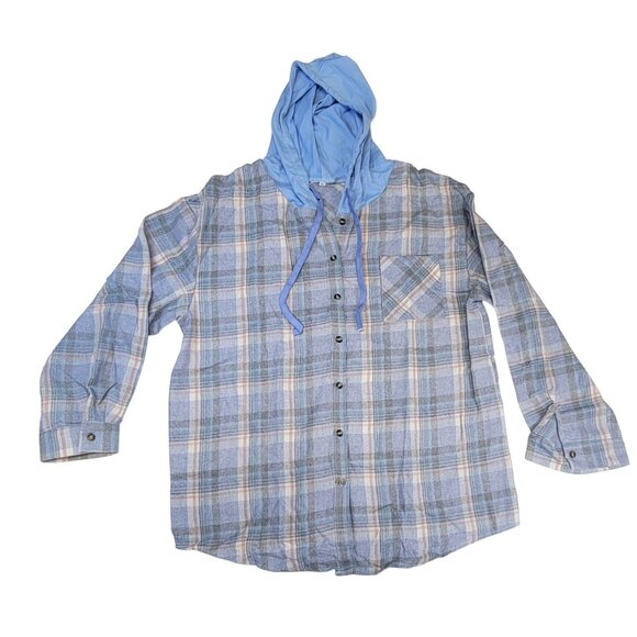Plaid Hooded Shirt Button-Up Long Sleeve Womens 2XL Blue & Gray New in Bag - Picture 1 of 8